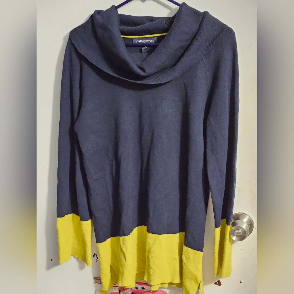 Jones New York Navy and Yellow Color Block Cowl Neck Sweater, Size L